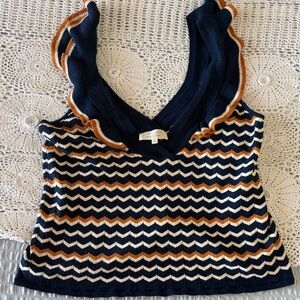 Sezane Knit Ruffle Top - Navy, White, and Brown